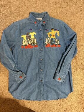 Karen Scott Vintage Women Cotton Denim Button Down Scarecrow Pumpkin Fall Size S